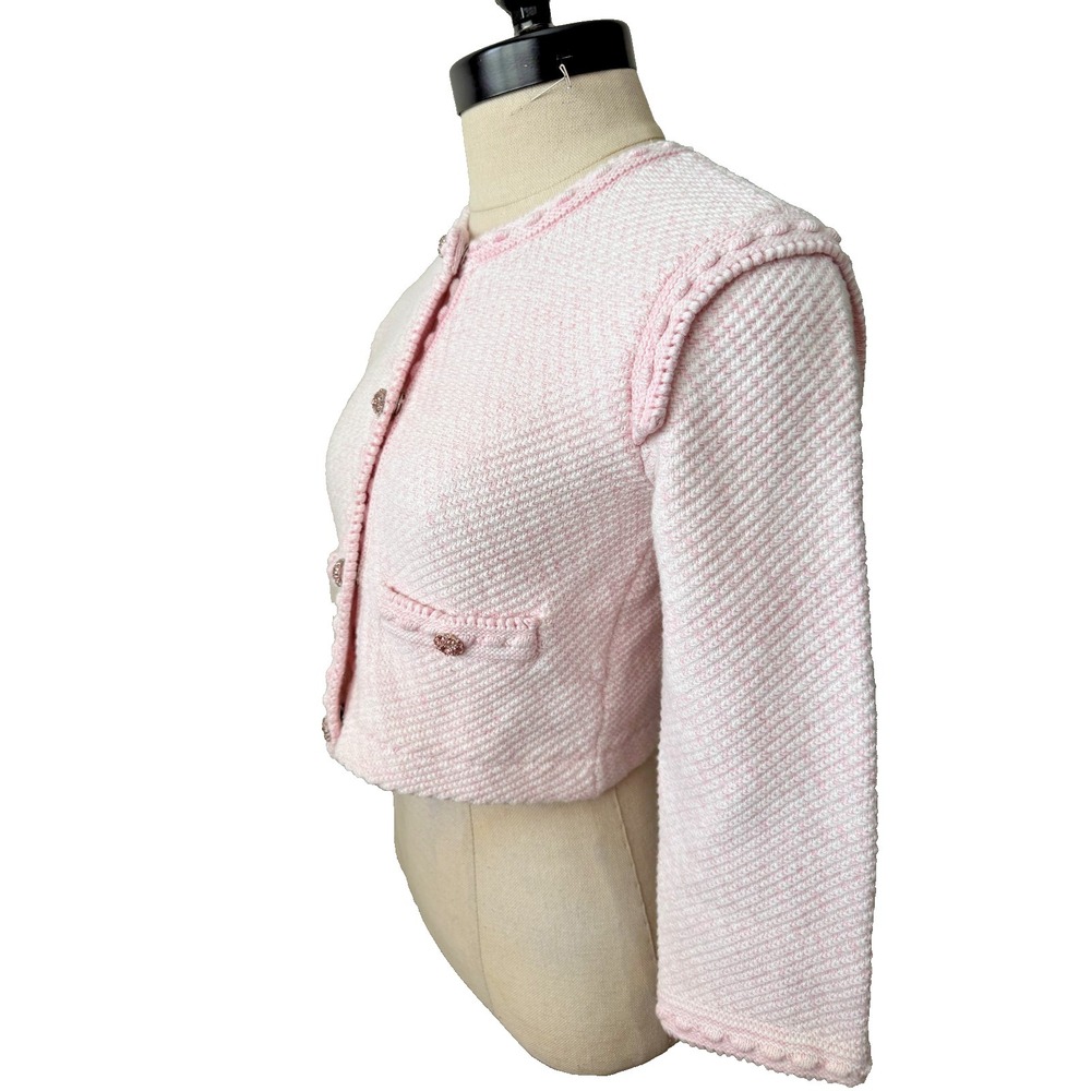 Self-portrait Pink Knit Jewel Button Cropped Cardigan Sweater Jacket US Sz 2-4 - Picture 5 of 16